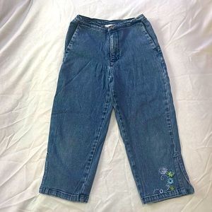 American Girl jean capri pants with pockets and flowers on bottom of pant leg